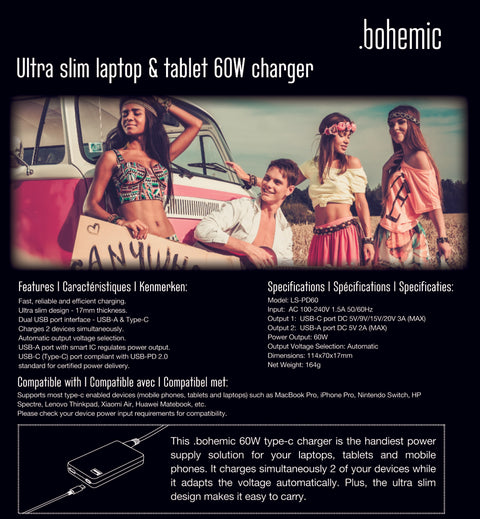 .Bohemic Bohemic Boh7382: Ultraslanke Laptop- En Tabletoplader Van 60 W